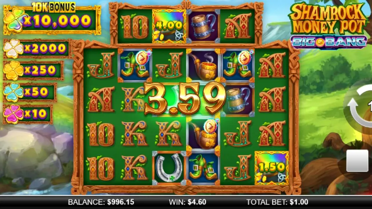 Shamrock Money Pot Big Bang স্লটের মহাজাগতিক এবং আইরিশ থিমযুক্ত গ্রাফিক্সের দৃশ্য